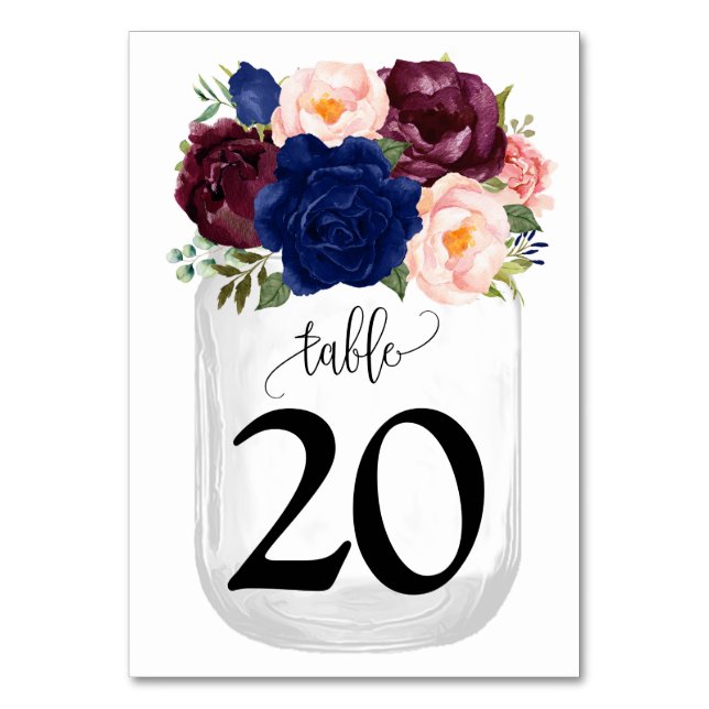 Navy Flowers Mason Jar Country Wedding Table Number (Front)