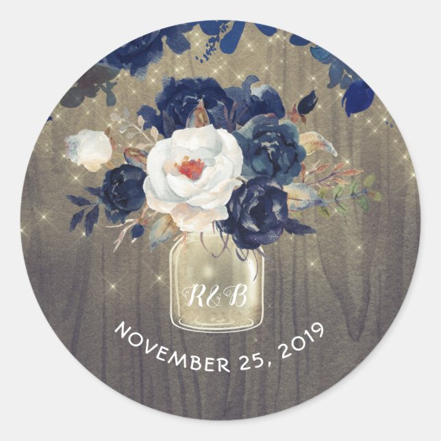 Navy Flowers Mason Jar Rustic Wedding Classic Round Sticker (Front)