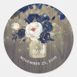 Navy Flowers Mason Jar Rustic Wedding Classic Round Sticker