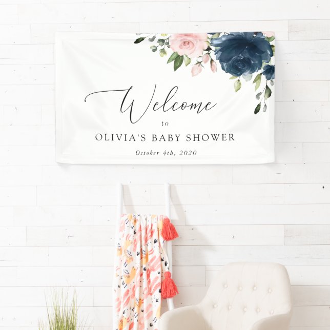 Navy Flowers, Pink Flowers, Baby Shower Welcome Banner (Insitu)