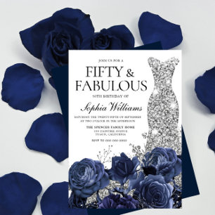 Navy Flowers & Silver Diamond Dress 50th Birthday Invitation