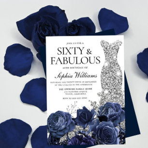Navy Flowers & Silver Diamond Dress 60th Birthday Invitation