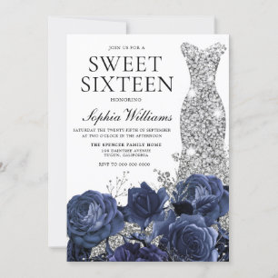Navy Flowers & Silver Diamond Dress Sweet 16 Party Invitation