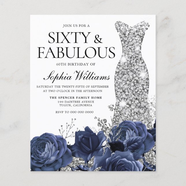 Navy Flowers Silver Dress 60th Birthday Invitation (Front)