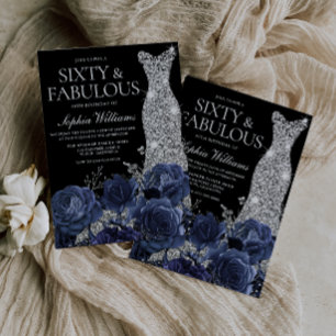 Navy Flowers & Silver Dress Black 60th Birthday Invitation