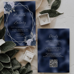 Navy Foil Dusty Blue Silver Floral QR Code Wedding Invitation