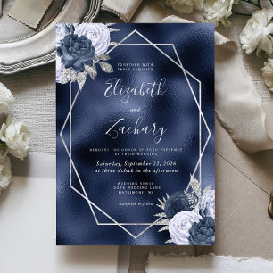 Navy Foil Dusty Blue Silver Floral Wedding Invitation