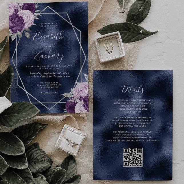 Navy Foil Lilac Silver Floral QR Code Wedding Invitation (Creator Uploaded)