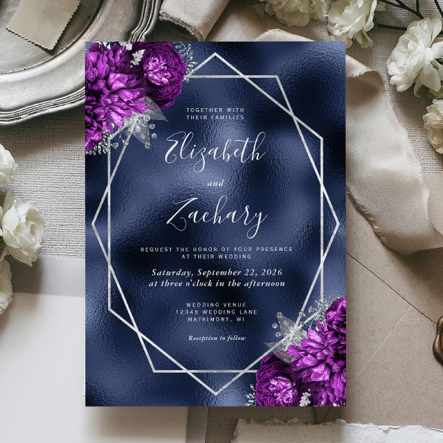 Navy Foil Purple Silver Floral Wedding Invitation (Creator Uploaded)