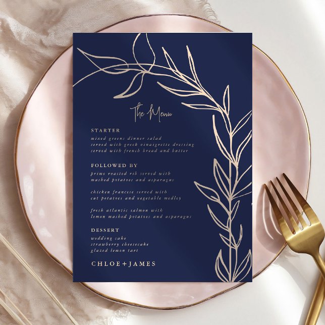 Navy Foliage Arch Script Wedding Menu Cards (Creator Uploaded)