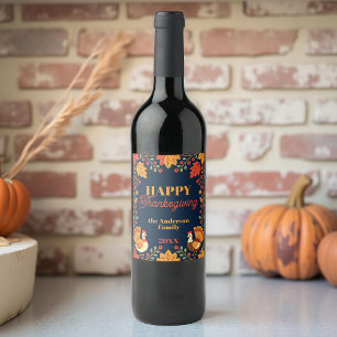 Navy Folk Art Turkey Thanksgiving Dinner Wine Label