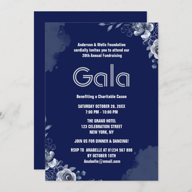 Navy Formal Corporate Gala Ball Party Fundraiser  Invitation (Front/Back)