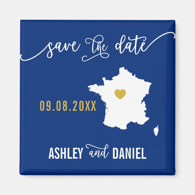 Navy France Wedding Save the Date Map Magnet (Front)