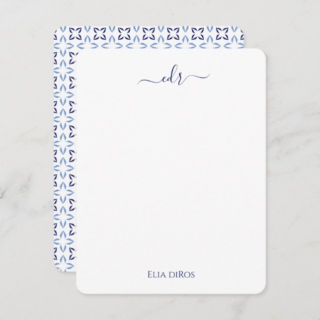 Navy, French Blue & White Monogram Note Card (Front/Back)