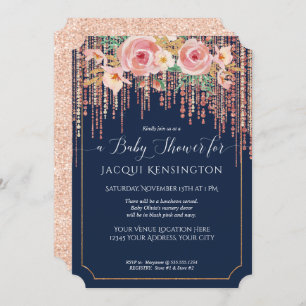 Navy Fringe Rose Gold Blush Pink Floral Shower Invitation
