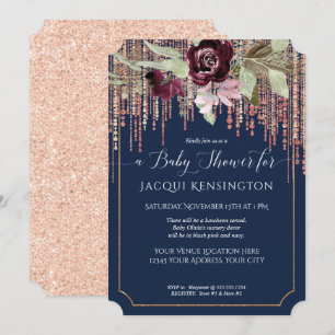 Navy Fringe Rose Gold Burgundy Floral Baby Shower Invitation