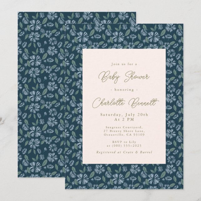 Navy Frost Bloom Floral Baby Shower Invitation (Front/Back)