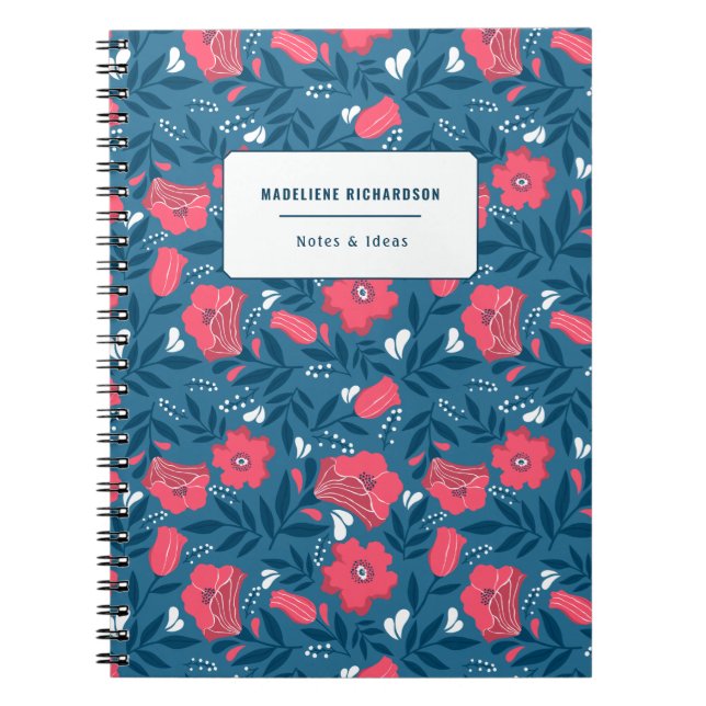 Navy Fuchsia Personalised Name Floral Pattern  Notebook (Front)