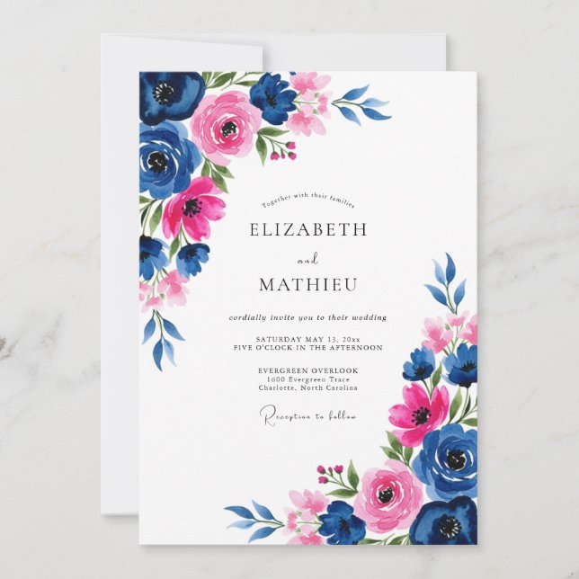 Navy Fuchsia Watercolor Romantic Wedding Invitation (Front)