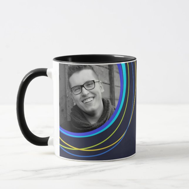 Navy funky circle patterned photo mug (Left)