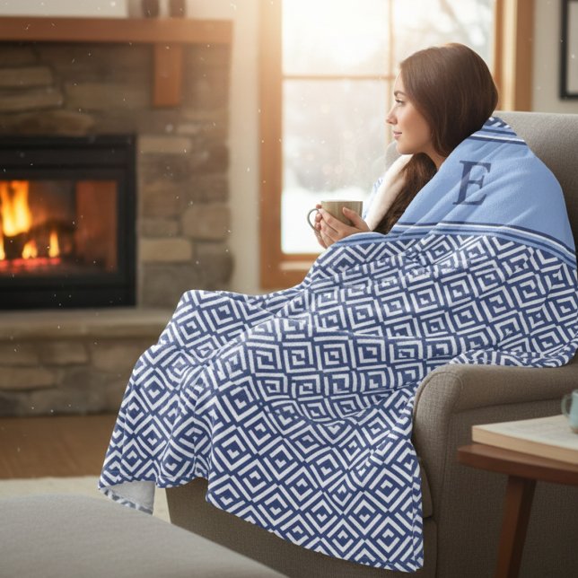 Navy Geometric Chevron Monogram Design Fleece Blanket (Creator Uploaded)
