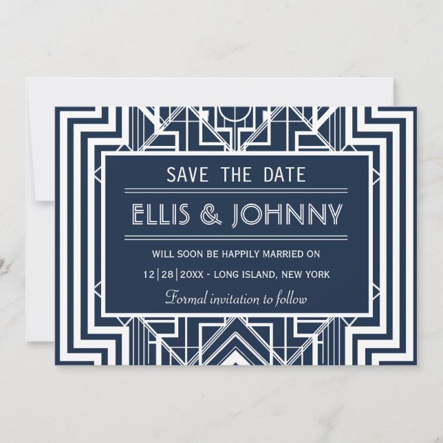 Navy Geometric Save the Date Cards (Front)