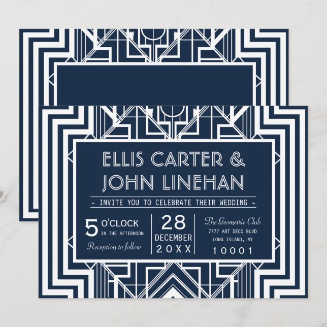 Navy Geometric Wedding Invitations (Front/Back)