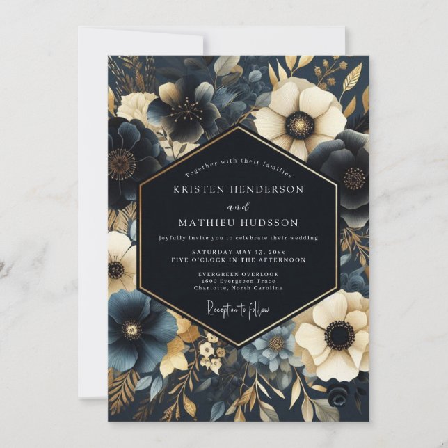 Navy Gilded Floral Wedding Invitation (Front)