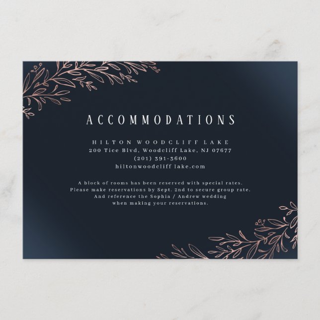 Navy gilded rose gold botanical accommodations enclosure card (Front)