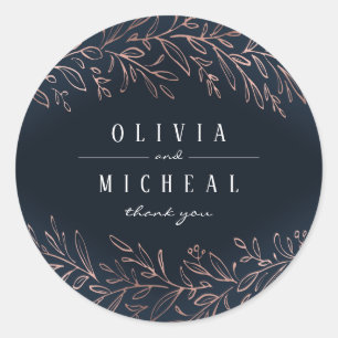 Navy gilded rose gold botanical elegant wedding classic round sticker