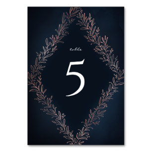 Navy gilded rose gold botanical elegant wedding table number