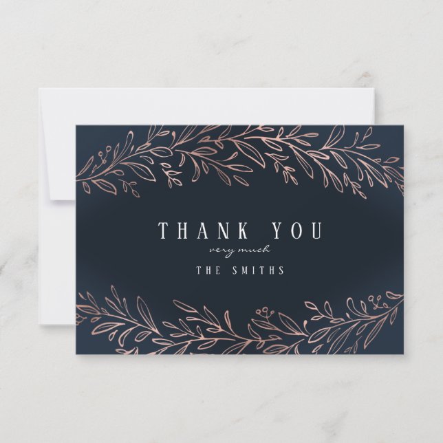 Navy gilded rose gold botanical foliage thank you (Front)