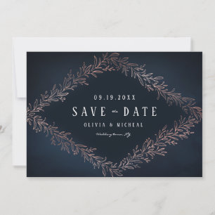 Navy gilded rose gold botanical save the date