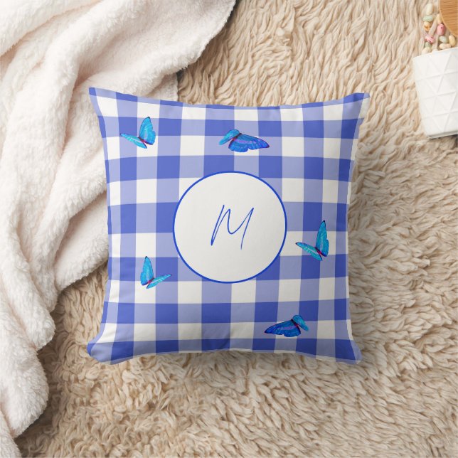  Navy Gingham Butterfly Elegant Monogram Cushion (Blanket)