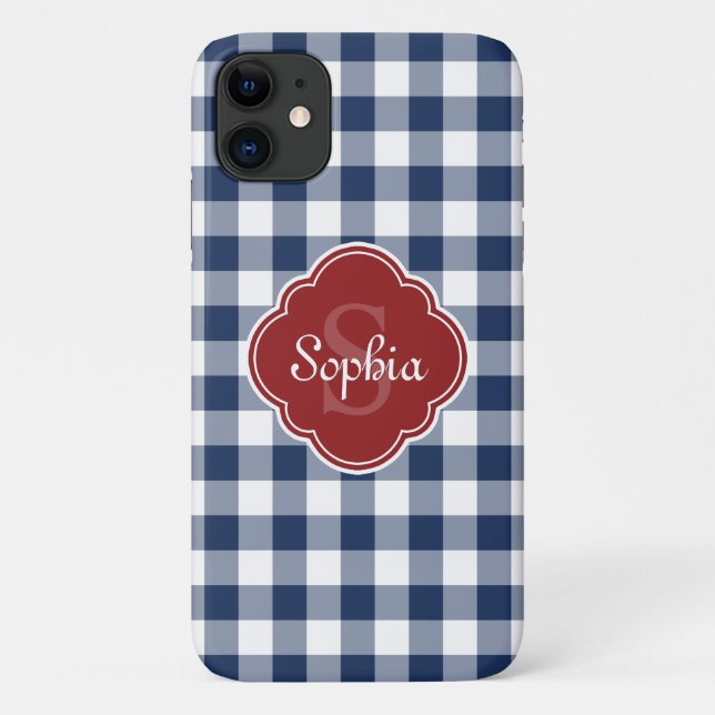 Navy Gingham Red Quatrefoil Monogram Case-Mate iPhone Case (Back)