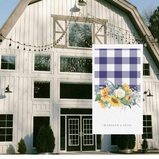 Navy Gingham Sunflowers Personalised Names Wedding Napkin (Creator Uploaded)