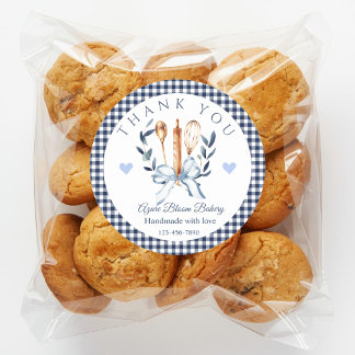 Navy Gingham Utensils Cooking Bakery Thank you  Classic Round Sticker