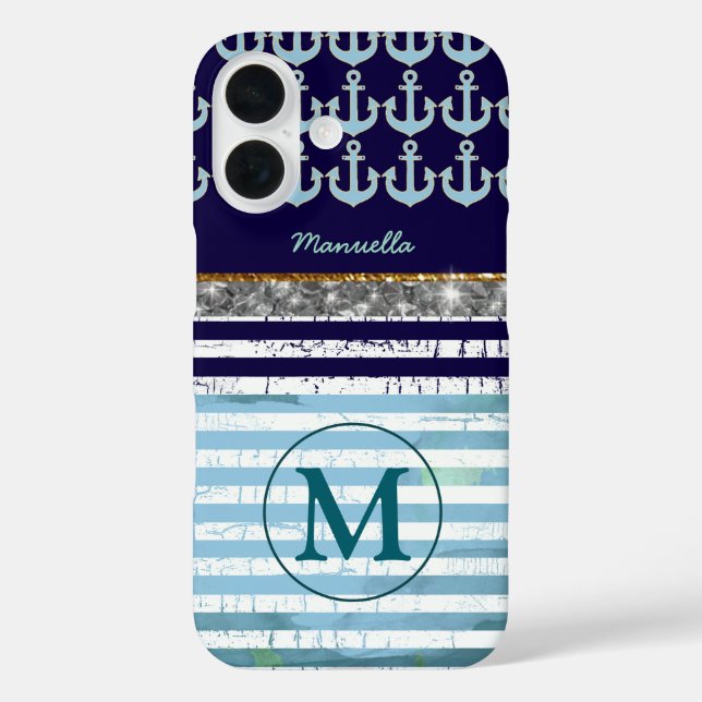 Navy Girly Stripes Monogrammed Case-Mate iPhone Case (Back)