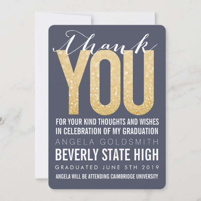 Navy Glitter Typography Graduation Thank You Card (Front)