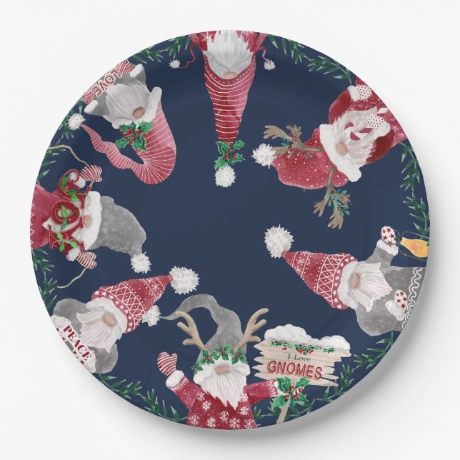 Navy Gnomes Red Grey Christmas Watercolor Foliage Paper Plate (Front)