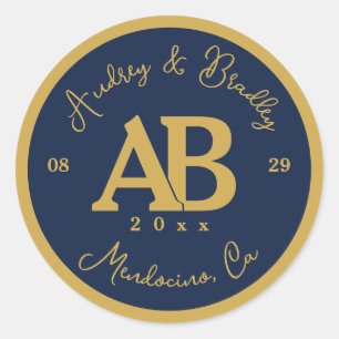 Navy Gold 2 Letter Monogram Wedding Classic Round Sticker