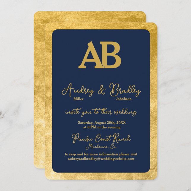 Navy Gold 2 Letter Monogram Wedding Invitation (Front/Back)