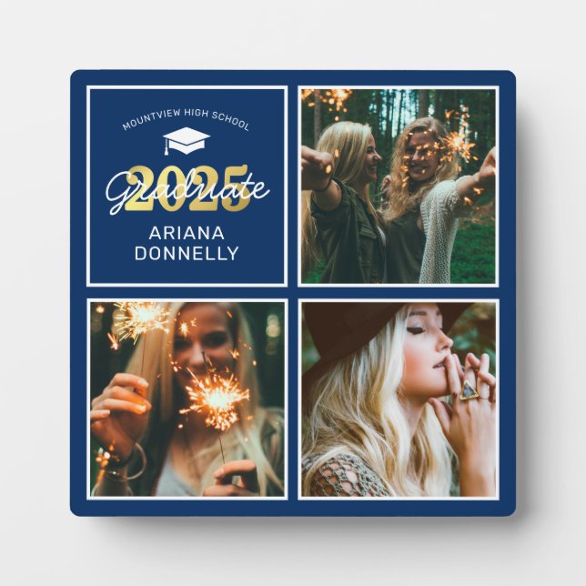 Navy & Gold 3 Photo Graduation Plaque (Front)