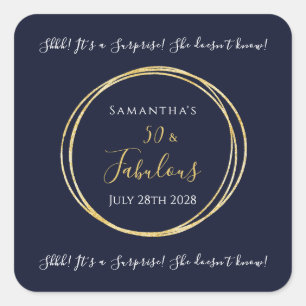  Navy Gold 50th Surprise Birthday Party  Square Sticker