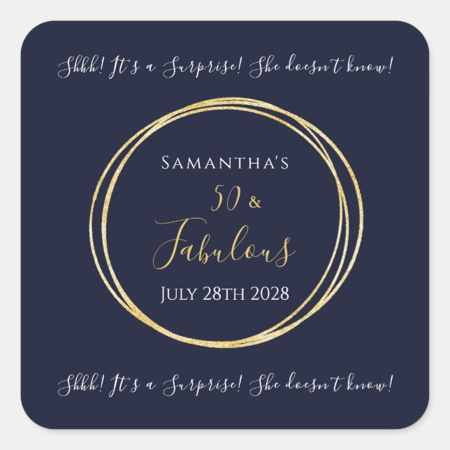  Navy Gold 50th Surprise Birthday Party  Square Sticker (Front)