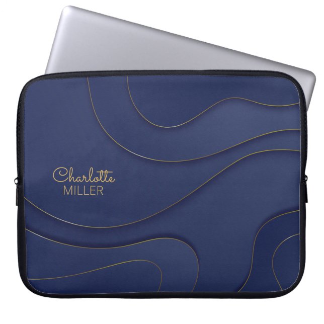 Navy-Gold Abstract Lines with Custom Name Laptop Sleeve (Front)