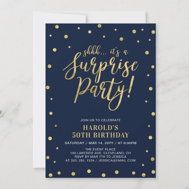Navy & Gold | Adult 50th Surprise Birthday Party Invitation (Front)