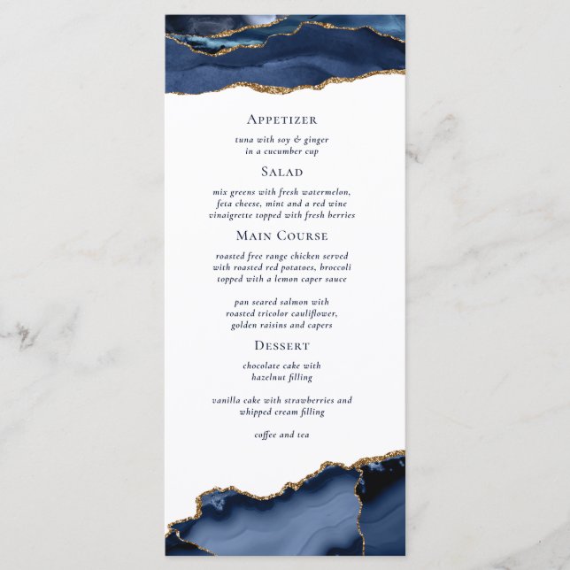 Navy Gold Agate Geode Marble Wedding Menu (Front)