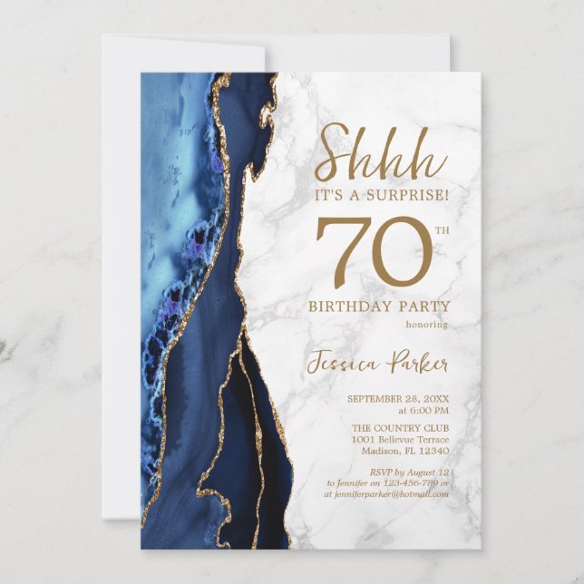 Navy Gold Agate Marble Surprise 70th Birthday Invitation (Front)