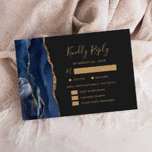 Navy Gold Agate Meal Options Dark Wedding RSVP Card